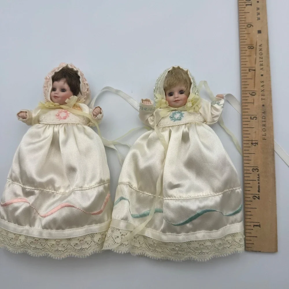 Vintage Porcelain Dolls Set of 2 Christening‎ Gown Lace Ribbon Heirloom Keepsake